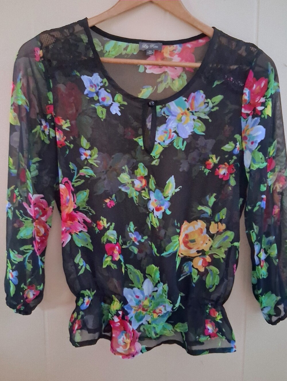 Lily Rose Black Sheer Floral Blouse With Front Keyhole Button And Peplum Hem XS